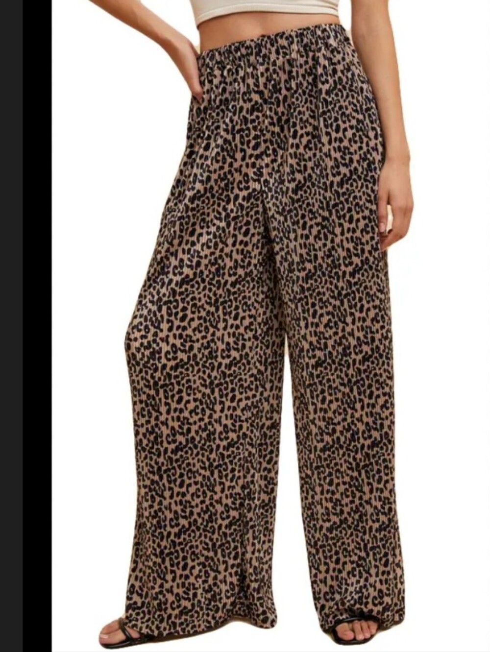 Plisse Leopard Print Wide-Leg Pants - Brown